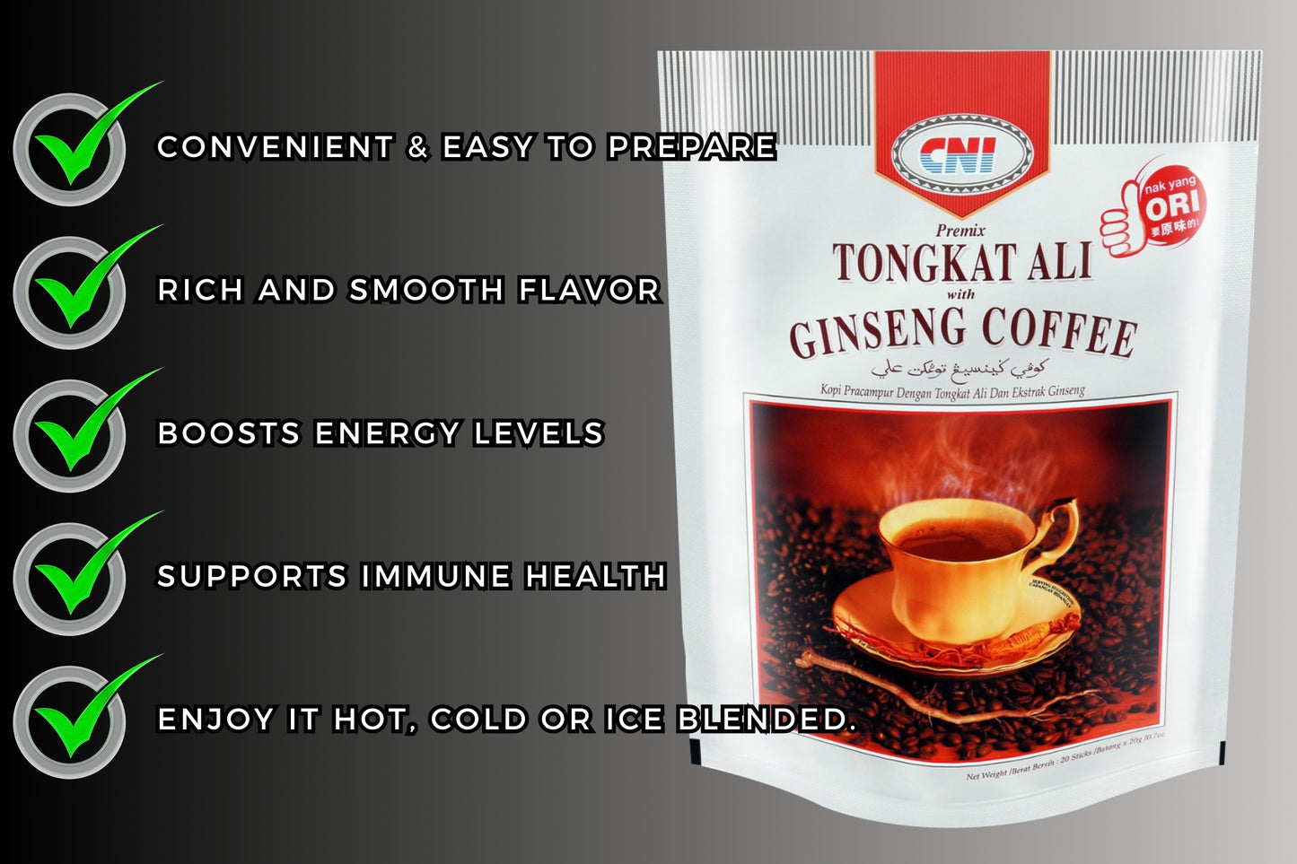 CNI Tongkat Ali Ginseng Coffee with Creamer and Sugar (5 in 1), 20 Packs