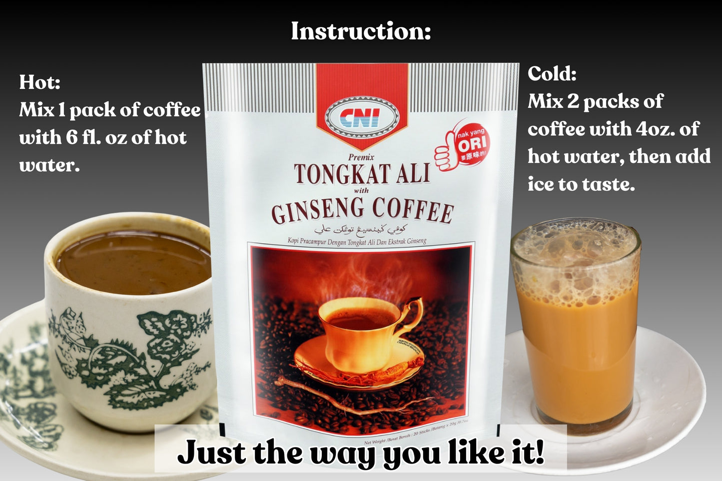 CNI Tongkat Ali Ginseng Coffee with Creamer and Sugar (5 in 1), 20 Packs