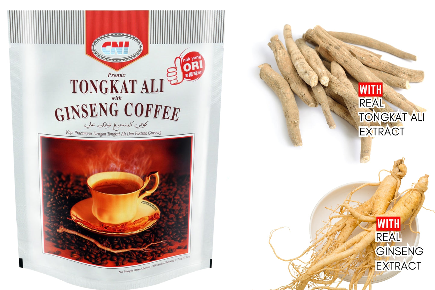 CNI Tongkat Ali Ginseng Coffee with Creamer and Sugar (5 in 1), 20 Packs