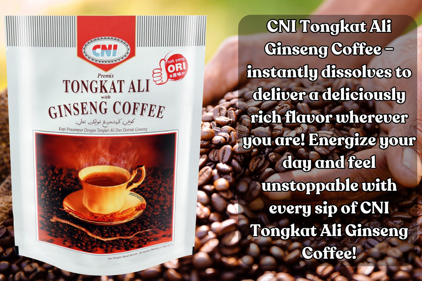 CNI Tongkat Ali Ginseng Coffee with Creamer and Sugar (5 in 1), 20 Packs